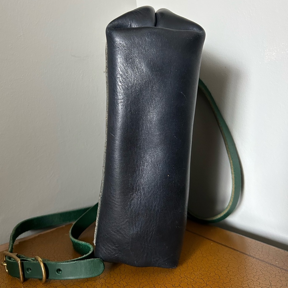Black Leather Tote with Green Strap - Classic Everyday Bag - Picture 7 of 7